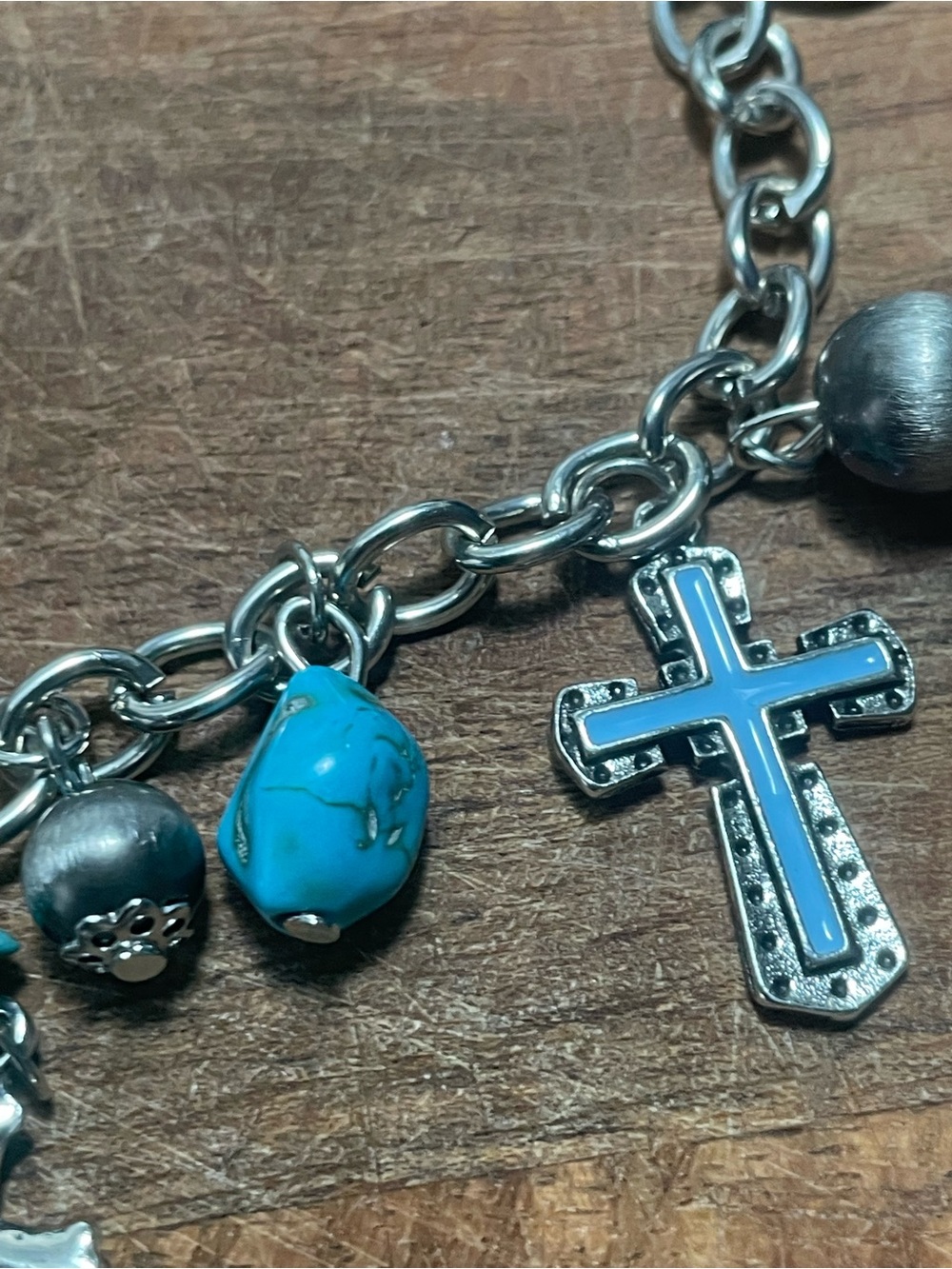 Silver Charm Bracelet with Blue Cross and Turquoise Stones